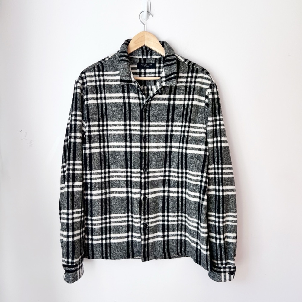 AllSaints‎ Zenith Shirt Black White Plaid Wool Blend Button Down XXL